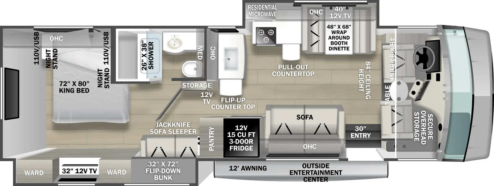 The 32DS has two slideouts and one entry. Exterior features a 12 foot awning, and outside entertainment center. Interior layout front to back: cockpit with secure overhead storage, bunk above, and table between the seats; 84" ceiling height; off-door side slideout with wrap around booth dinette, overhead cabinet with 12V TV, kitchen counter with pull-out countertop, cooktop, and residential microwave; door side entry, sofa with overhead cabinet, 12V 3-door refrigerator, and pantry; kitchen sink with overhead cabinet, flip-up countertop extension, 12V TV, and storage along inner wall; off-door side full bathroom with medicine cabinet; door side slideout with flip-down bunk above a jackknife sleeper sofa, and rear wardrobes with a TV; rear off-door side king bed with overhead cabinet, and nightstands with 110V outlet and USB port on each side.